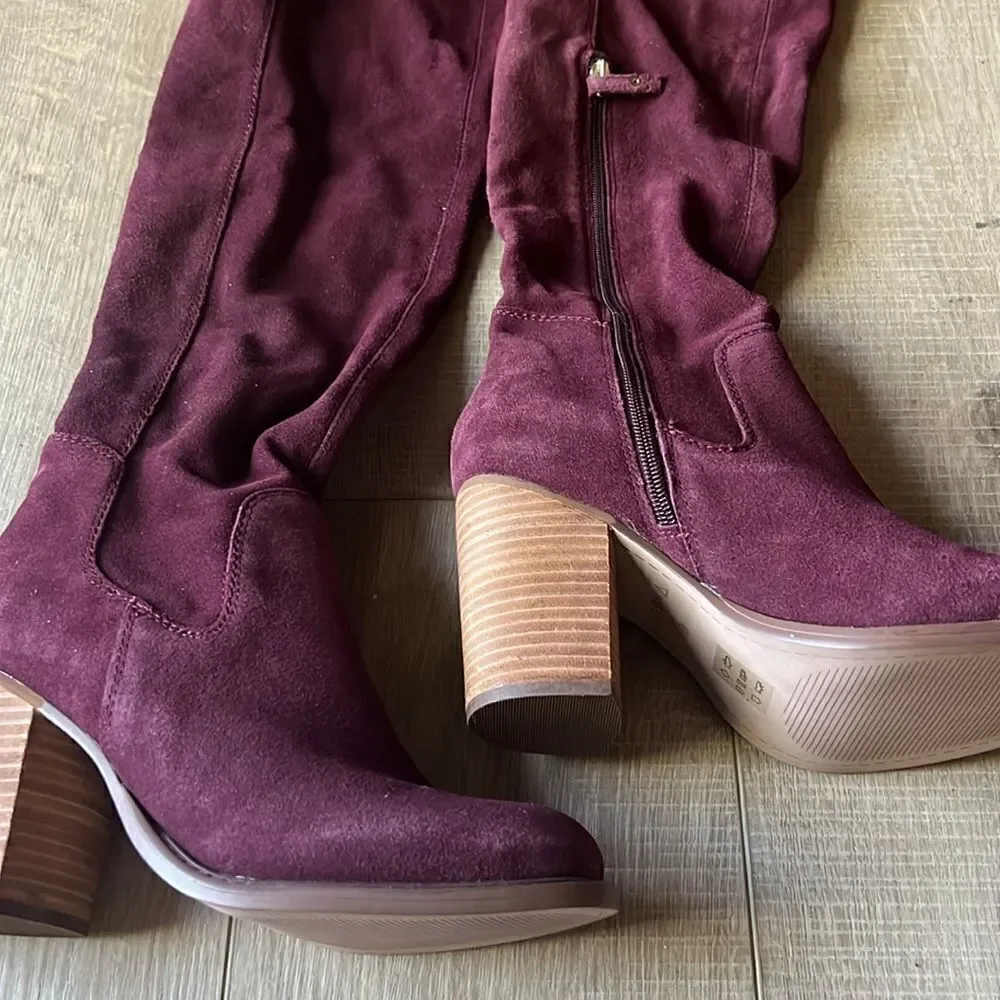 NWOB Kelsi Dagger Logan Over-The-Knee Burgundy Wine Suede Boots US 9